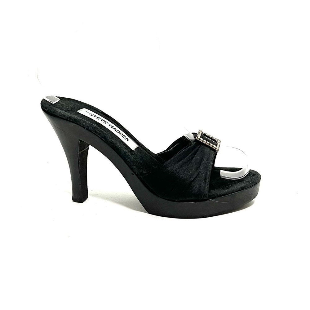 Vintage 1990s black satin rhinestone buckle platform polly style heels